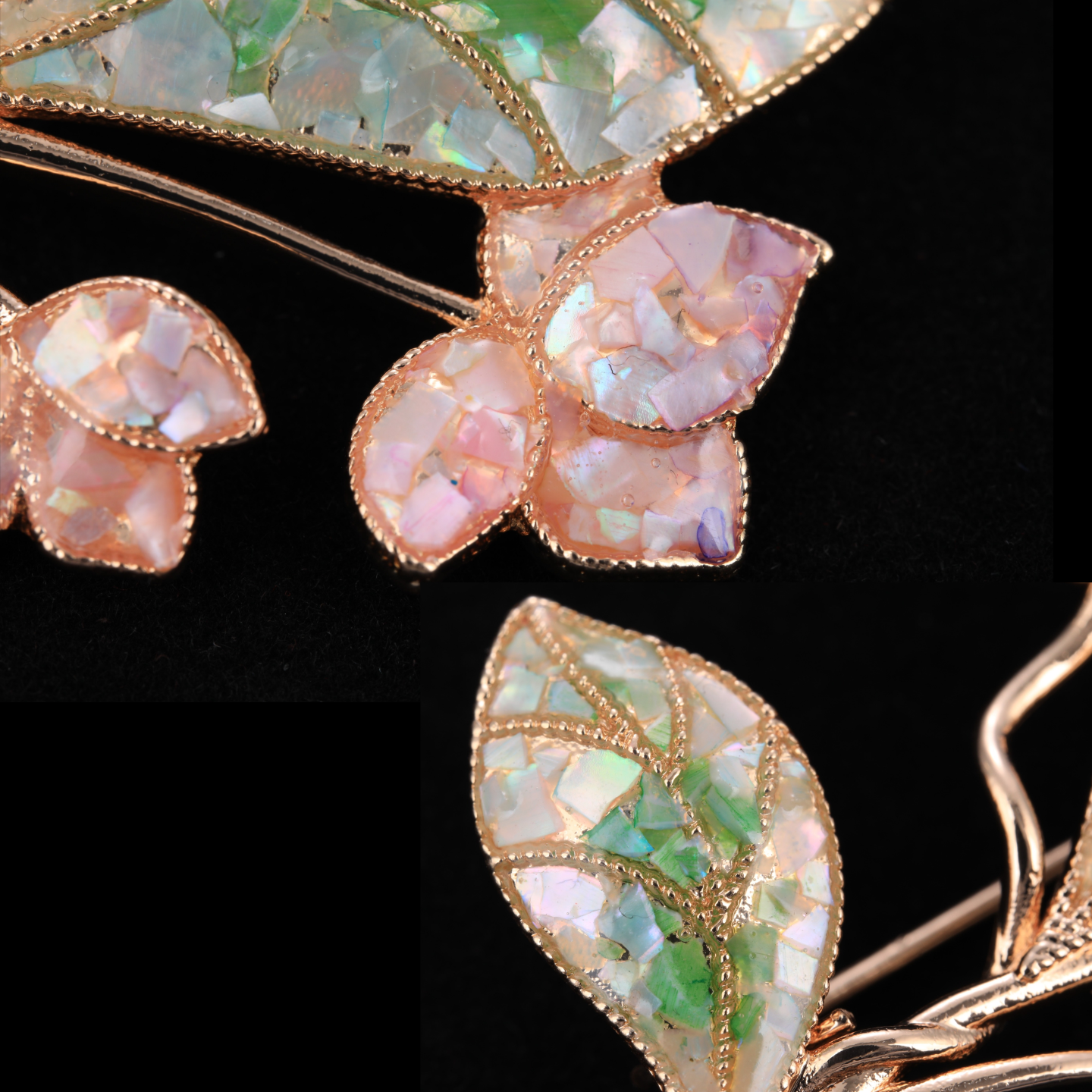 Close up of mother of pearl,nacre shell brooch＆lily brooch on black