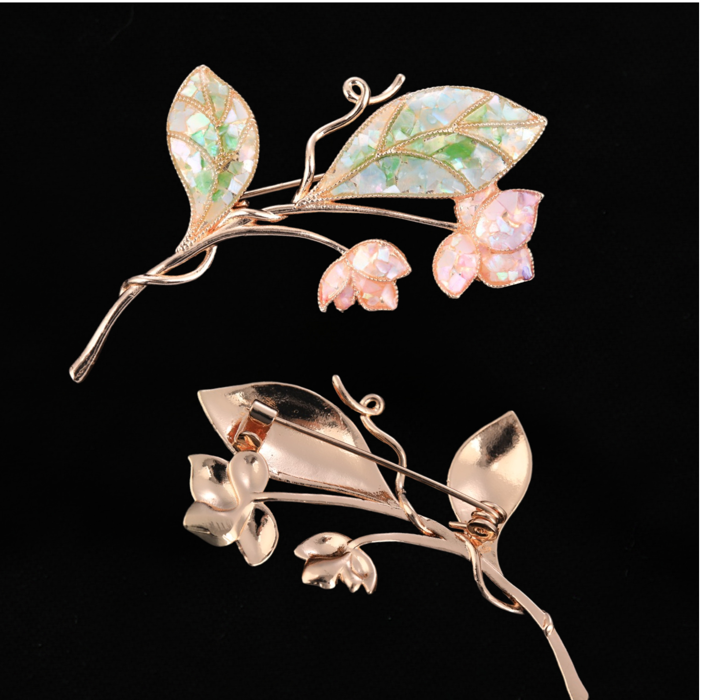 Front and back of mother of pearl,nacre shell brooch＆lily brooch on black
