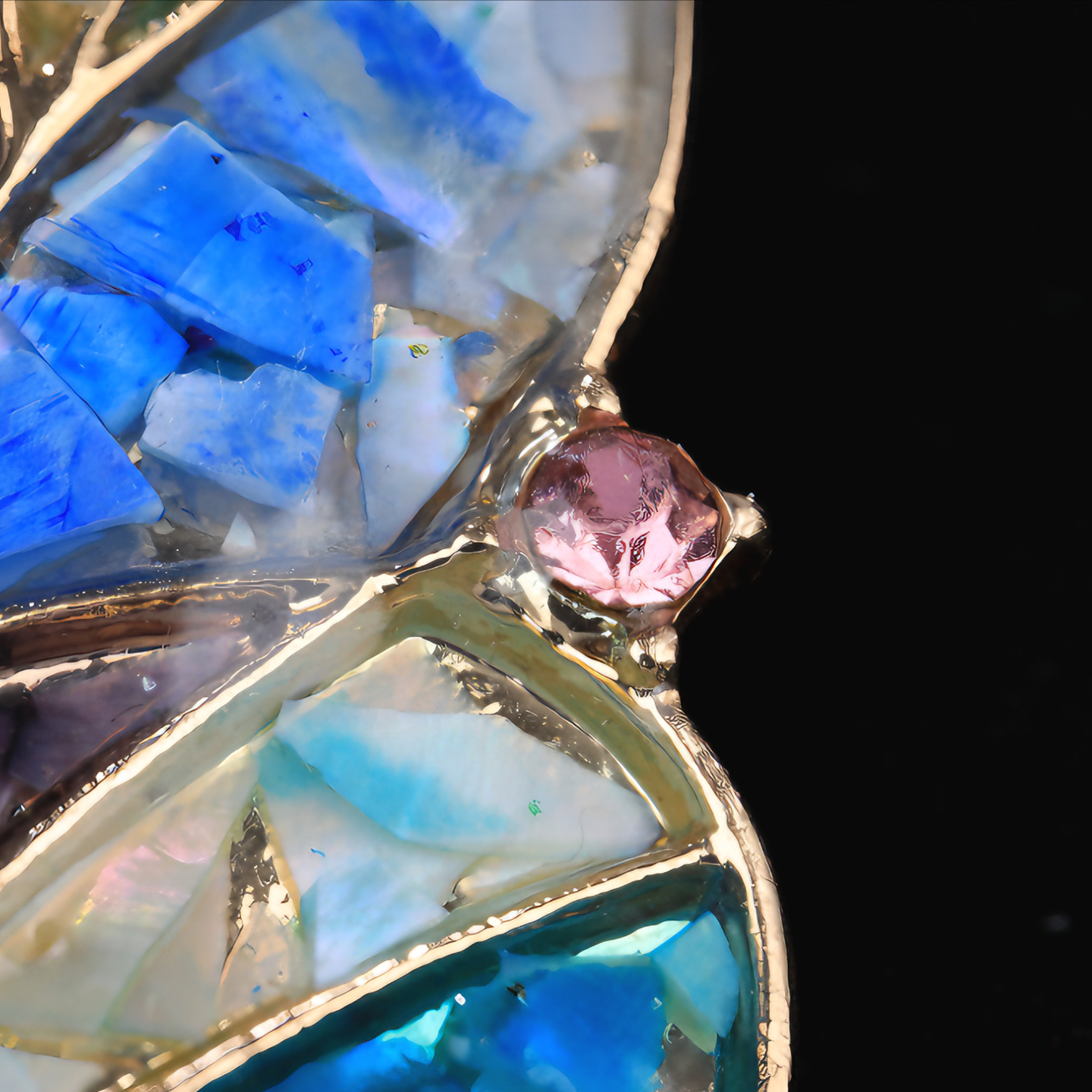 Close up of mother of pearl,nacre shell brooch＆Butterfly brooch with pink-purple wings on black
