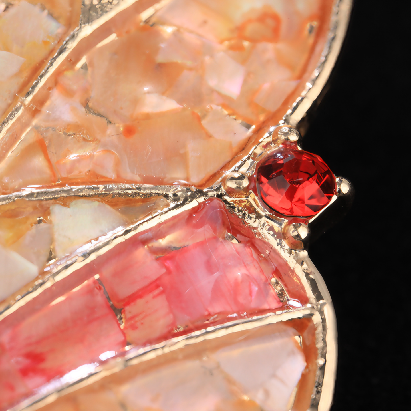 Close up of mother of pearl,nacre shell brooch＆Butterfly brooch on black