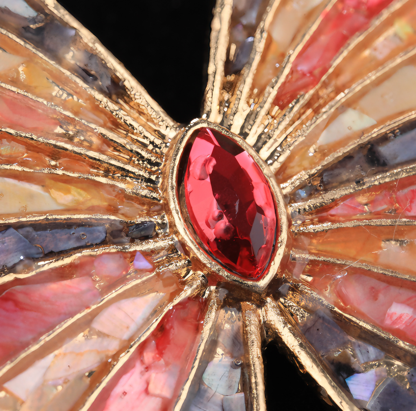 Close up of mother of pearl,nacre shell brooch＆Butterfly brooch on black