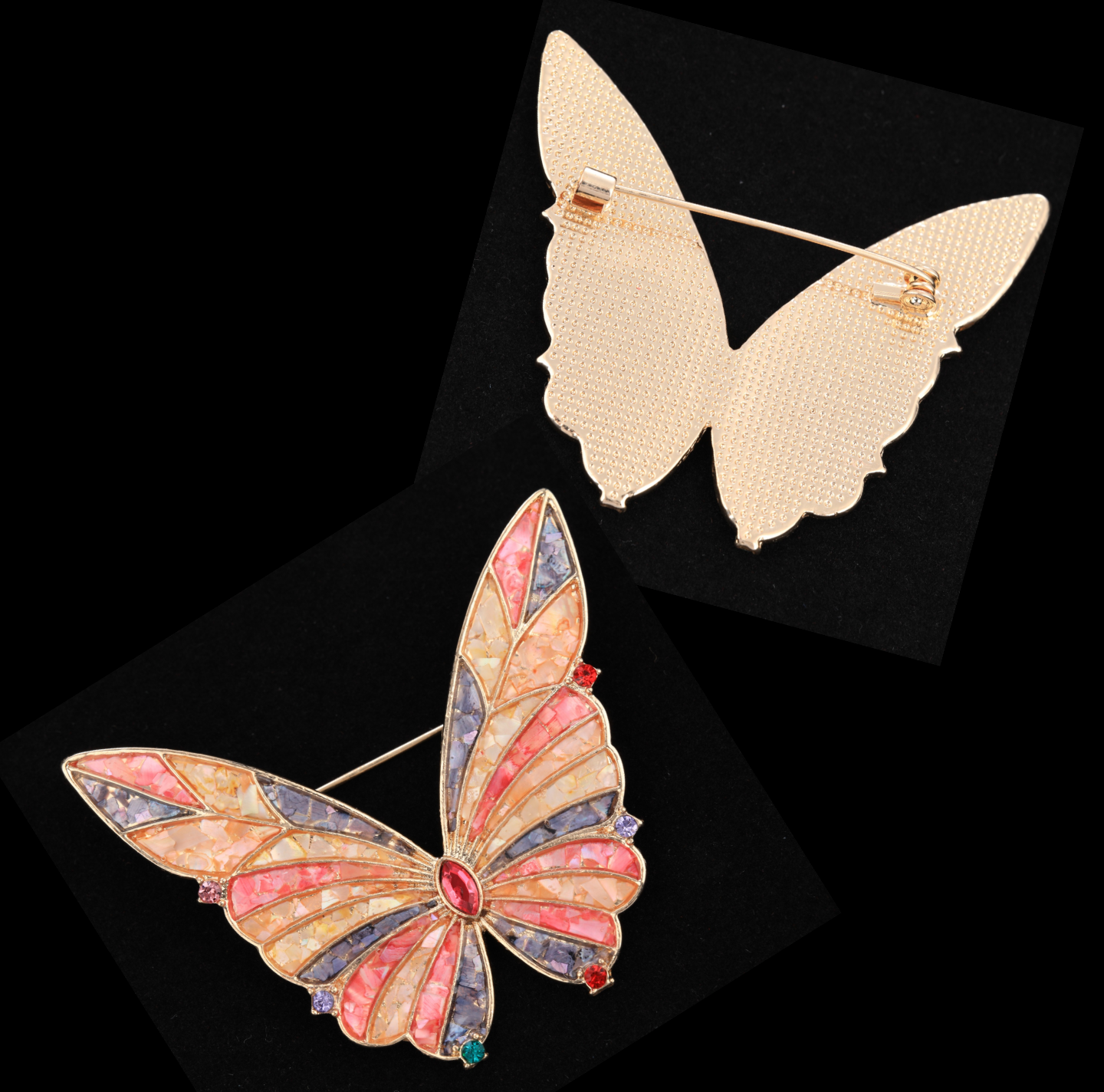 Front and back of mother of pearl,nacre shell brooch＆Butterfly brooch on black