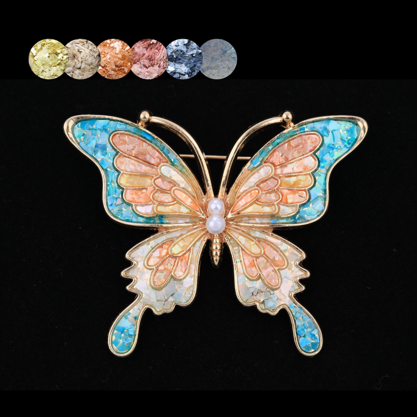 mother of pearl,nacre shell brooch＆Butterfly brooch with pink-blue wings on black