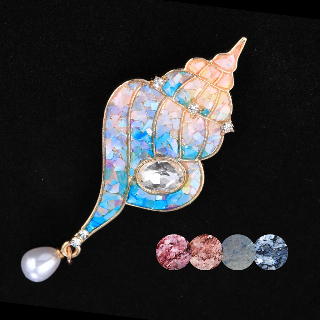 Handmade Mother of Pearl Conch Brooch - Gradient Shell Inlay with Crystal & Pearl Pendant