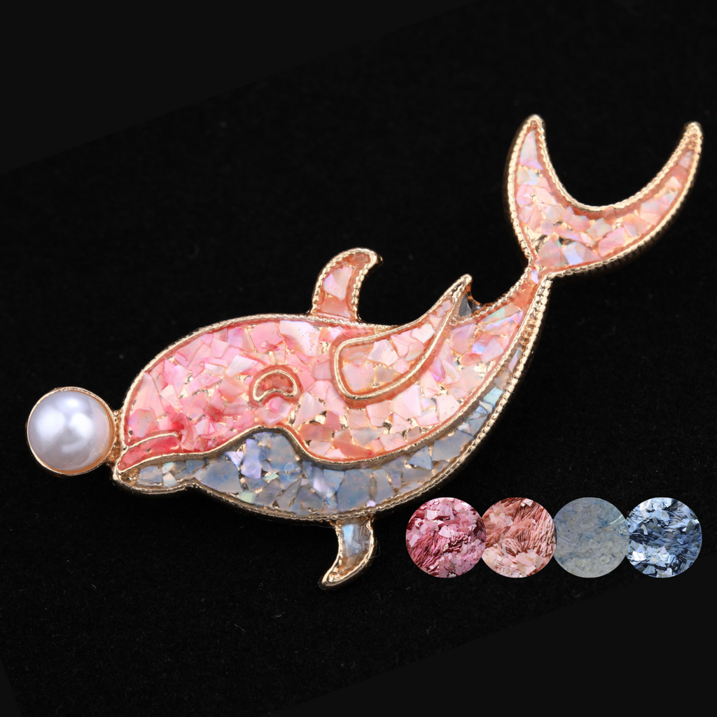 mother of pearl,nacre shell brooch＆dolphin brooch with pink tone