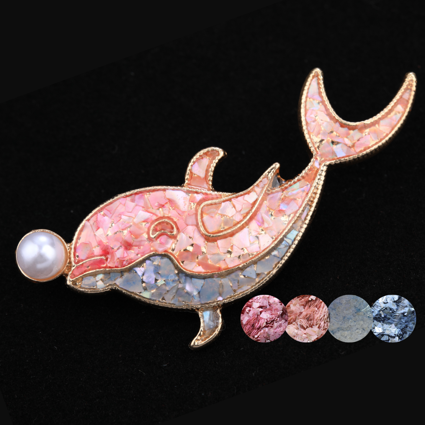 mother of pearl,nacre shell brooch＆dolphin brooch with pink tone