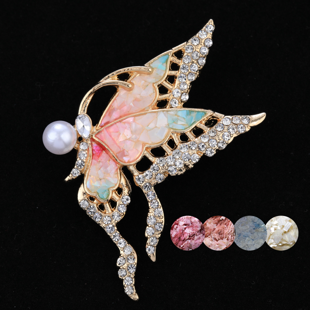 mother of pearl,nacre shell brooch＆Butterfly brooch with pink-blue wings on black