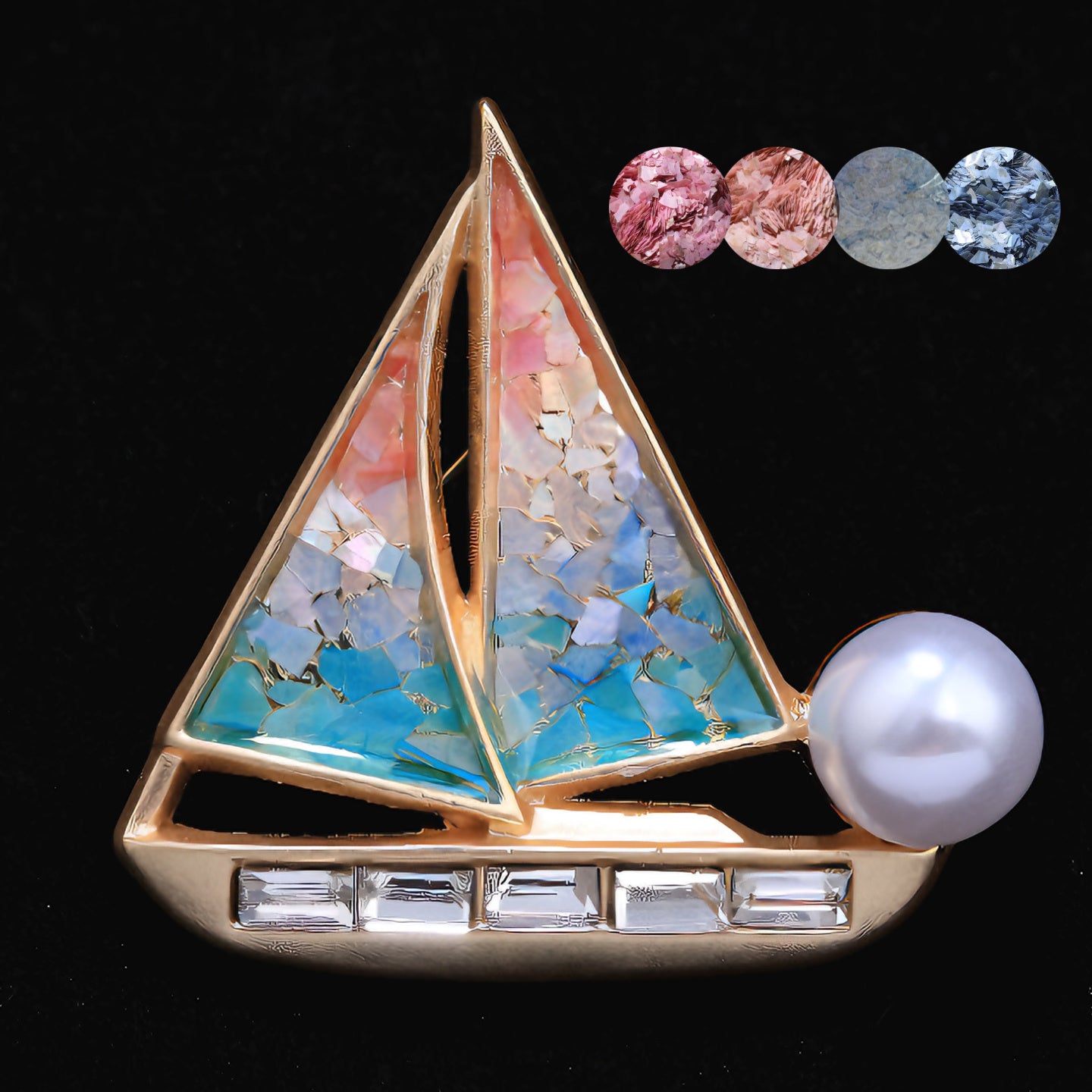 mother of pearl,nacre shell brooch＆sailboat brooch on black