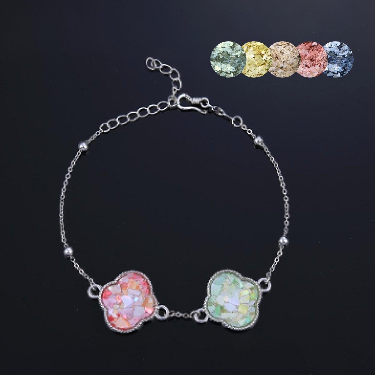 Artisanal Mother of Pearl Clover Bracelet - Colorful Mosaic Inlay Jewelry
