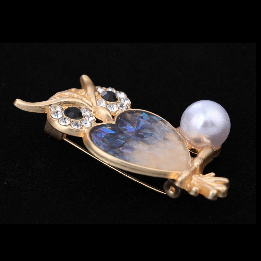 Close up of mother of pearl,nacre shell brooch＆owl brooch on black