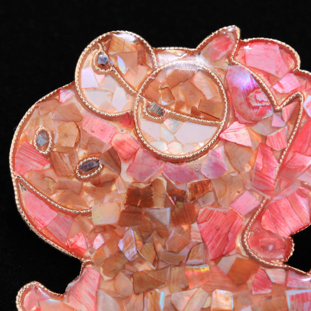 Close up of mother of pearl,nacre shell brooch＆puppy brooch with pink tone 