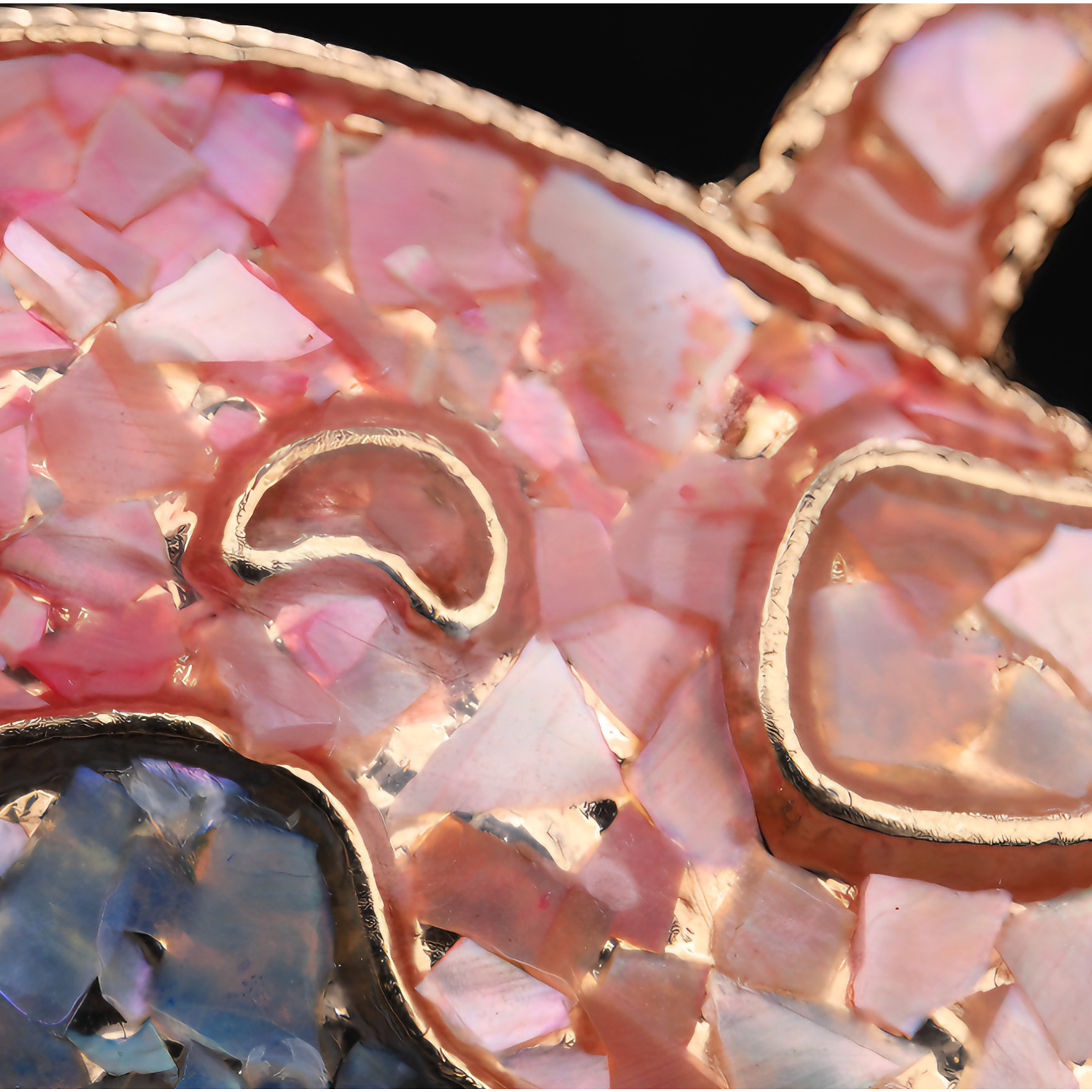 Close up of mother of pearl,nacre shell brooch＆dolphin brooch with pink tone