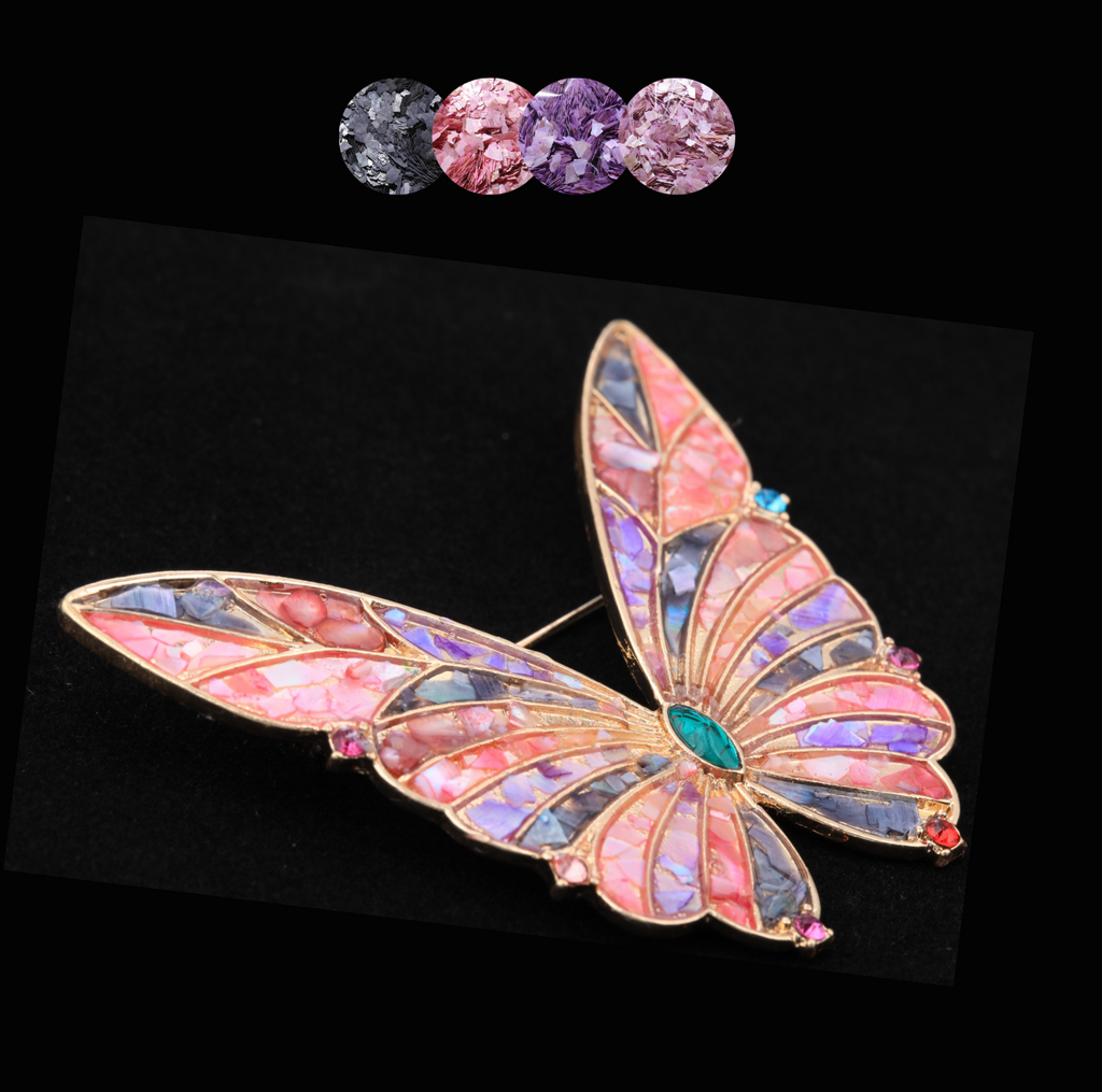 mother of pearl,nacre shell brooch＆Butterfly brooch with pink-purple wings on black