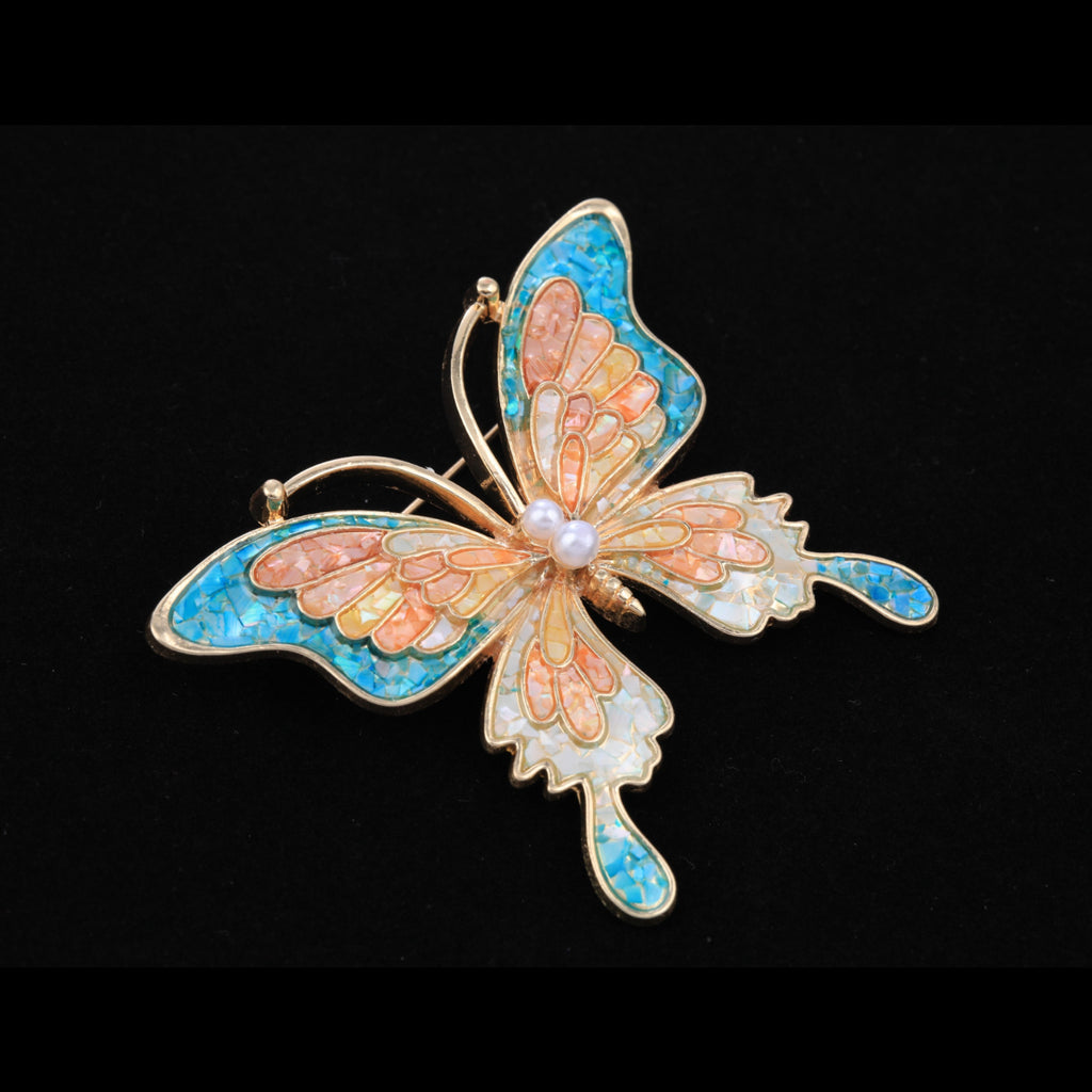 mother of pearl,nacre shell brooch＆Butterfly brooch with pink-blue wings on black