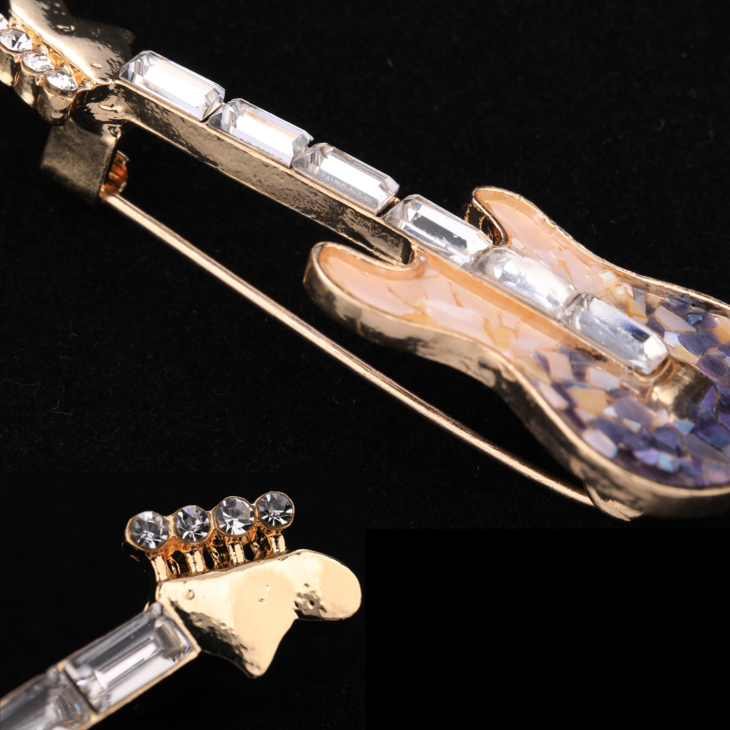 Close up of mother of pearl,nacre shell brooch＆guitar brooch on black