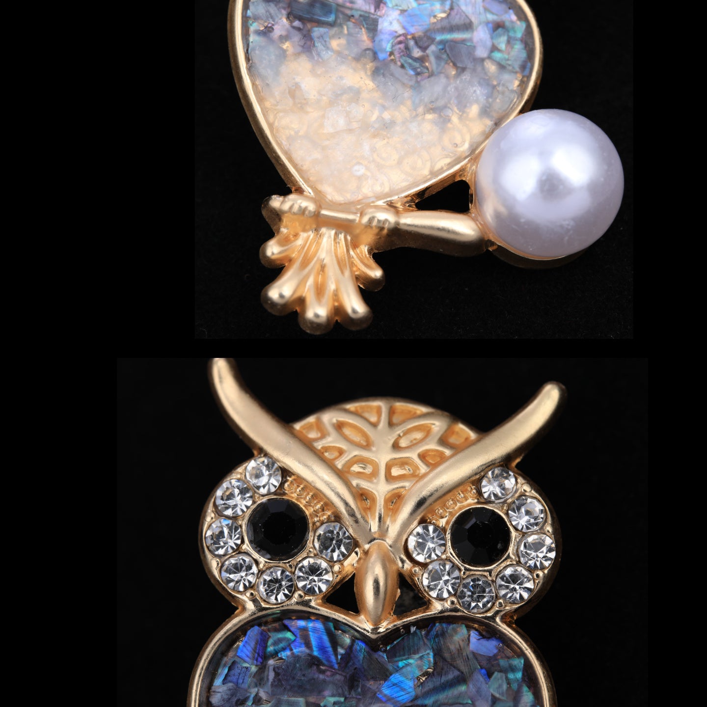 Close up of mother of pearl,nacre shell brooch＆owl brooch on black