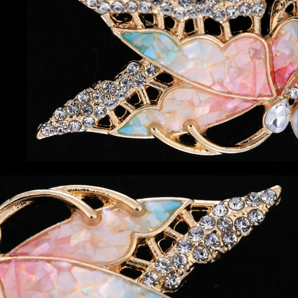 Close up of mother of pearl,nacre shell brooch＆Butterfly brooch with pink-blue wings on black