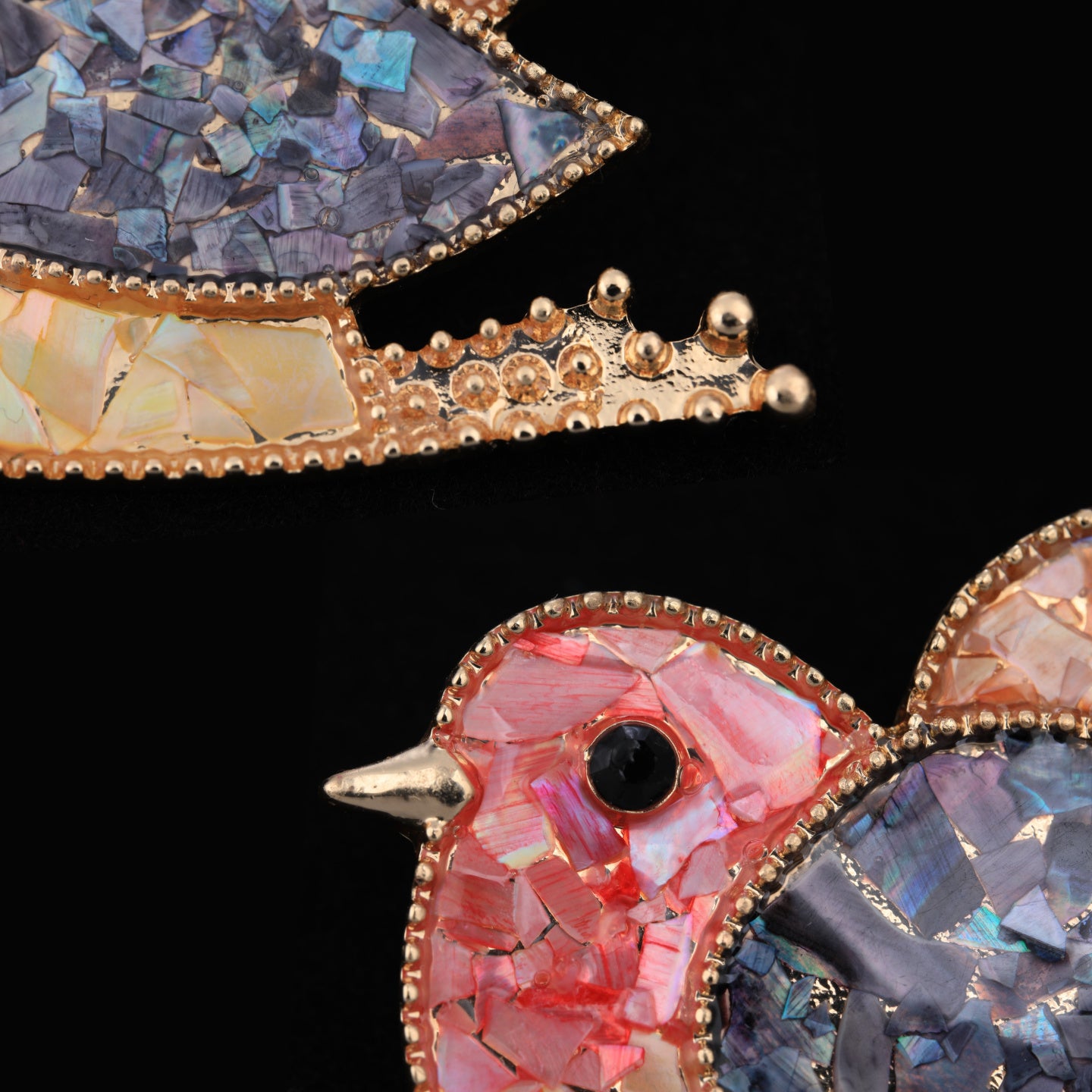 Close up of mother of pearl,nacre shell brooch＆bird brooch on black