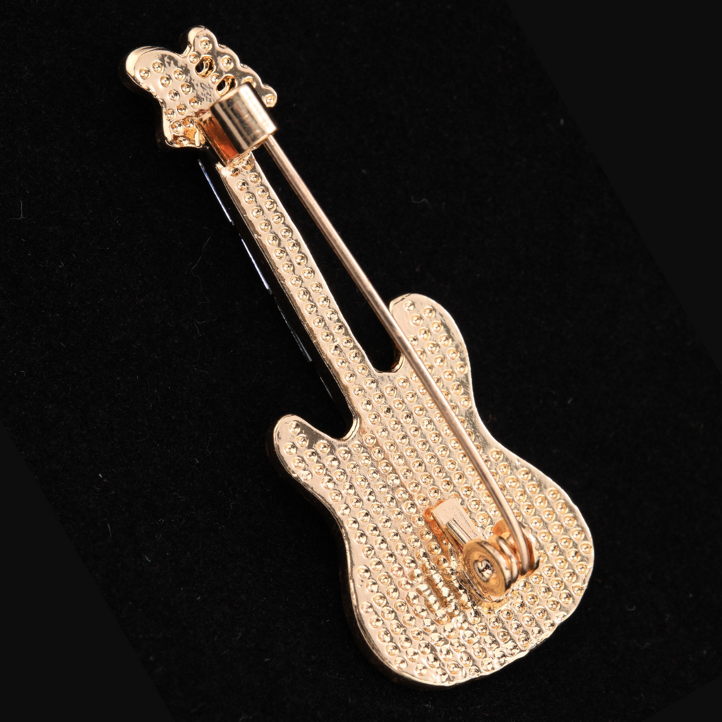 Back of mother of pearl,nacre shell brooch＆guitar brooch on black with secure pin