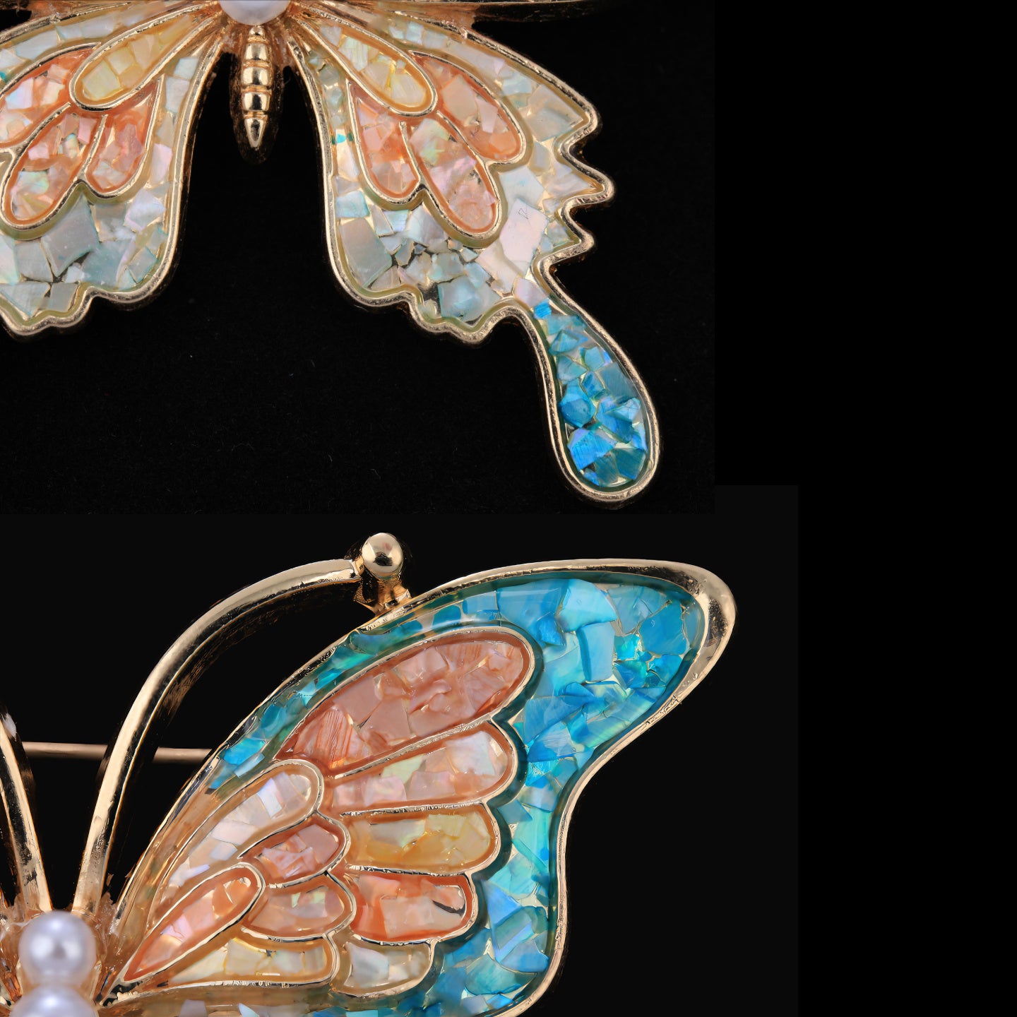 Close up of mother of pearl,nacre shell brooch＆Butterfly brooch with pink-blue wings on black