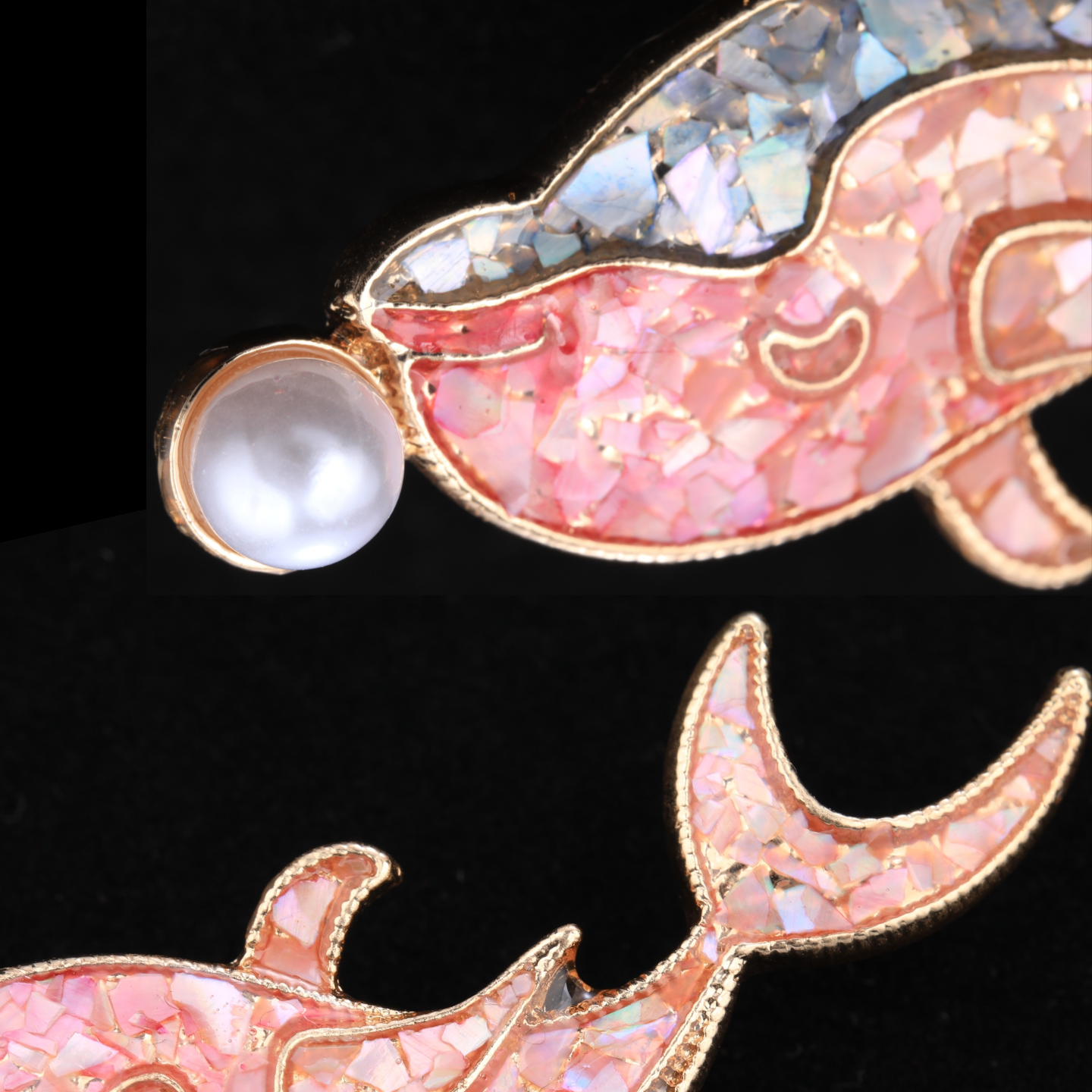 Close up of mother of pearl,nacre shell brooch＆dolphin brooch with pink tone