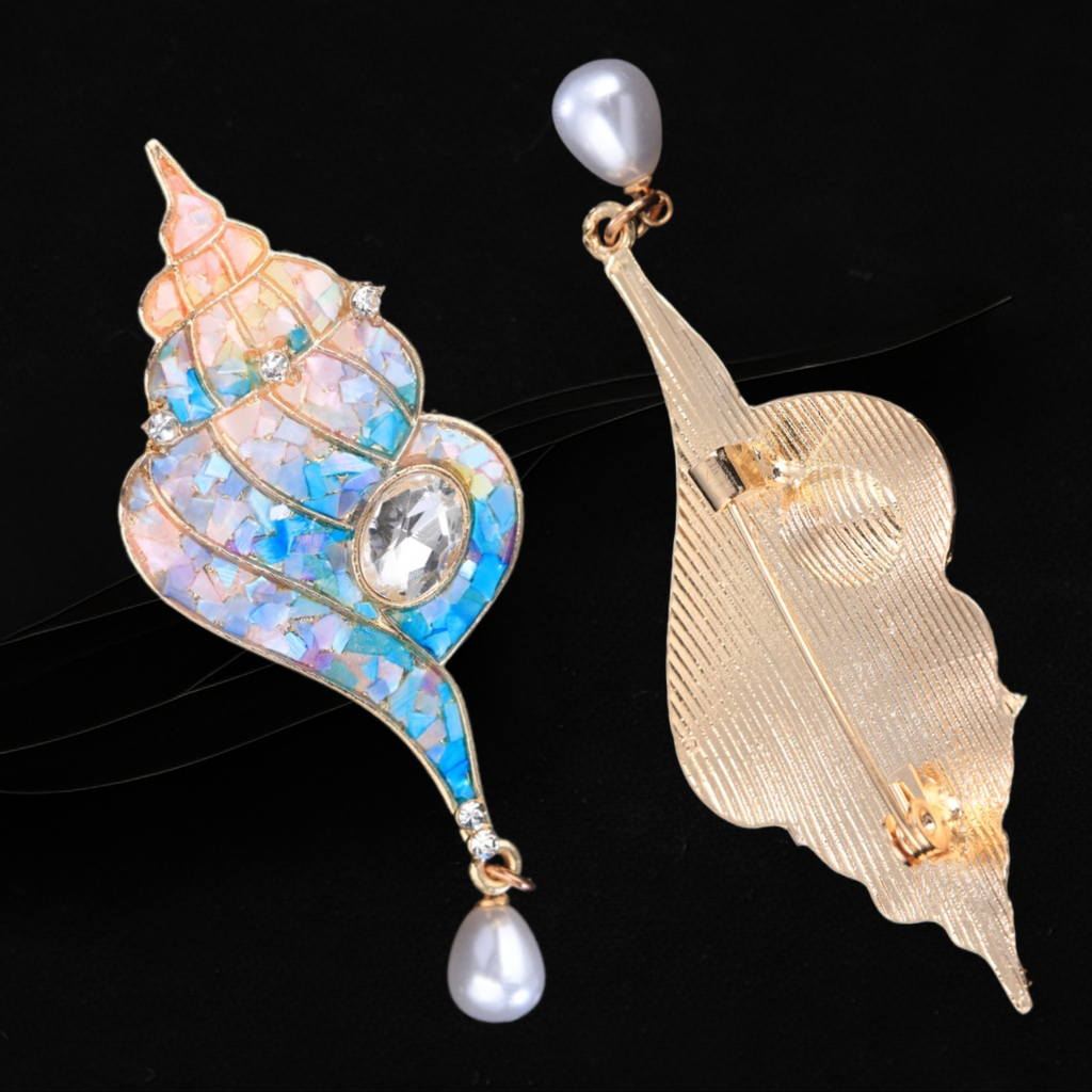 Handmade Mother of Pearl Conch Brooch - Gradient Shell Inlay with Crystal & Pearl Pendant