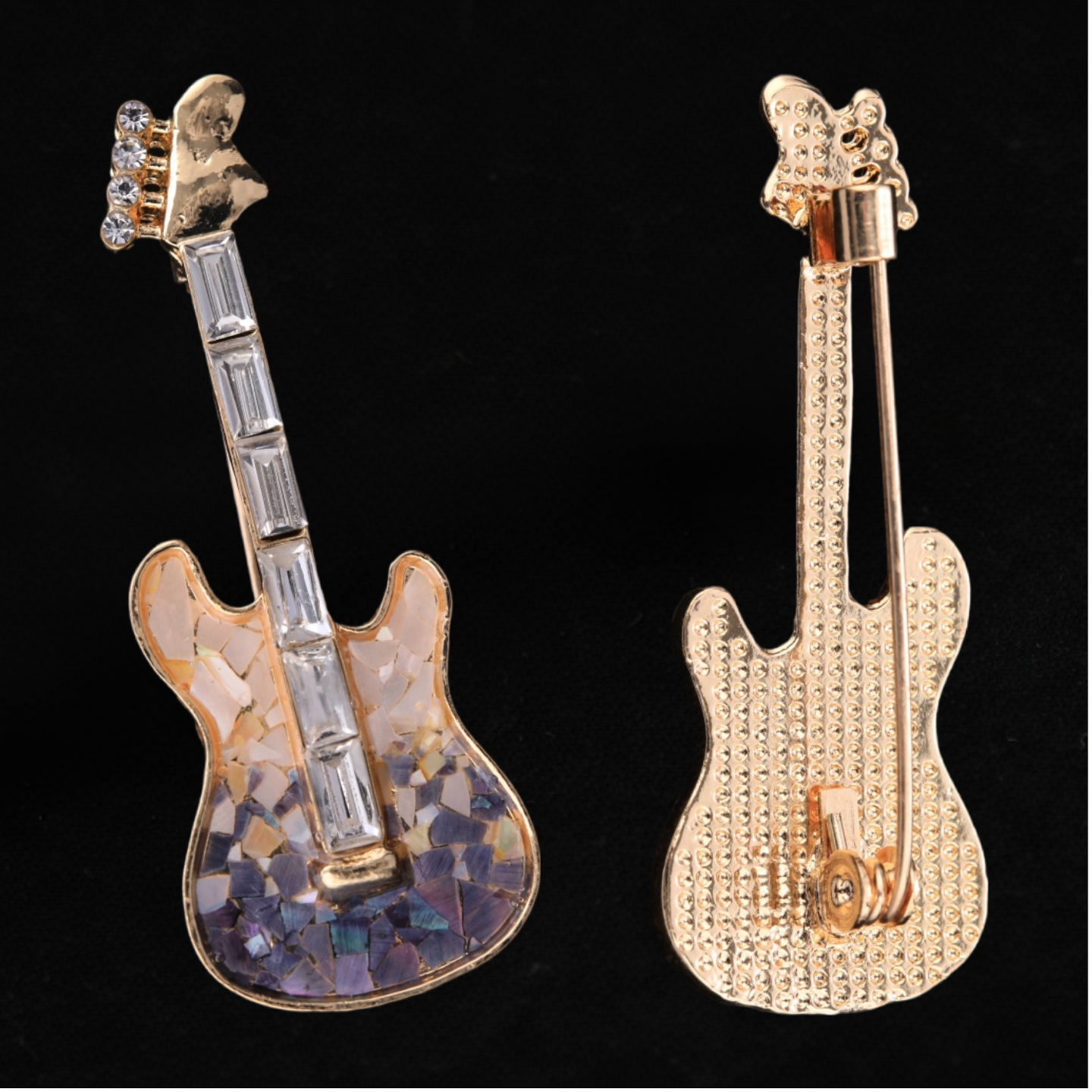 Front and back of mother of pearl,nacre shell brooch＆guitar brooch on black