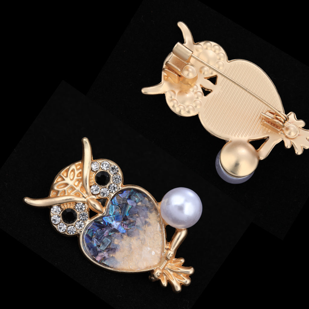 Front and back of mother of pearl,nacre shell brooch＆owl brooch on black