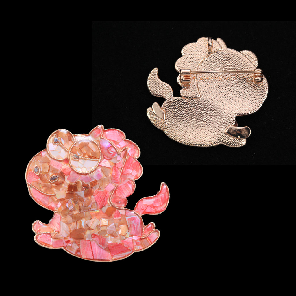 Front and back of mother of pearl,nacre shell brooch＆puppy brooch with pink tone 