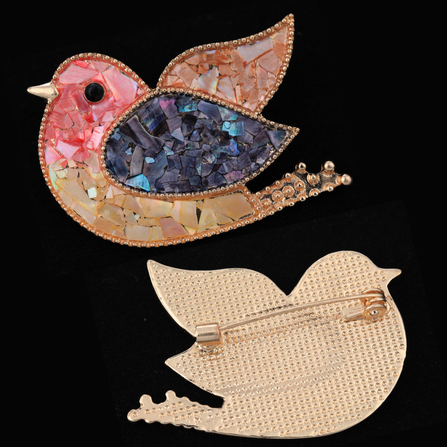 Front and back of mother of pearl,nacre shell brooch＆bird brooch on black