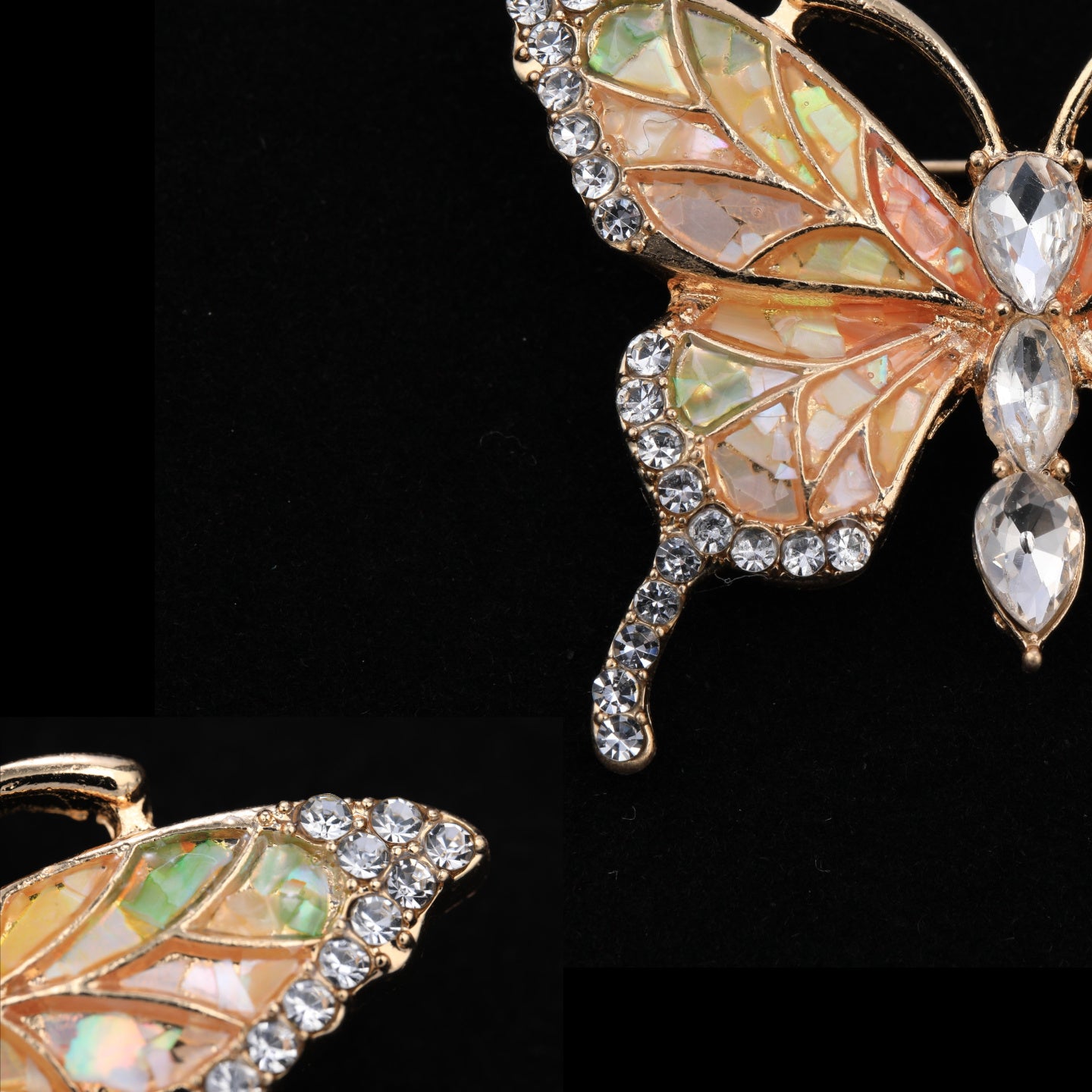 Close up of mother of pearl,nacre shell brooch＆Butterfly brooch on black