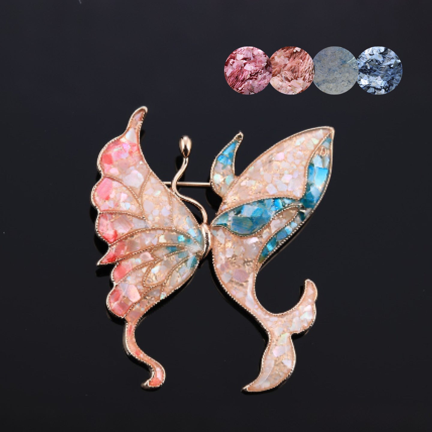 mother of pearl,nacre shell brooch＆Butterfly brooch with pink-blue wings on black