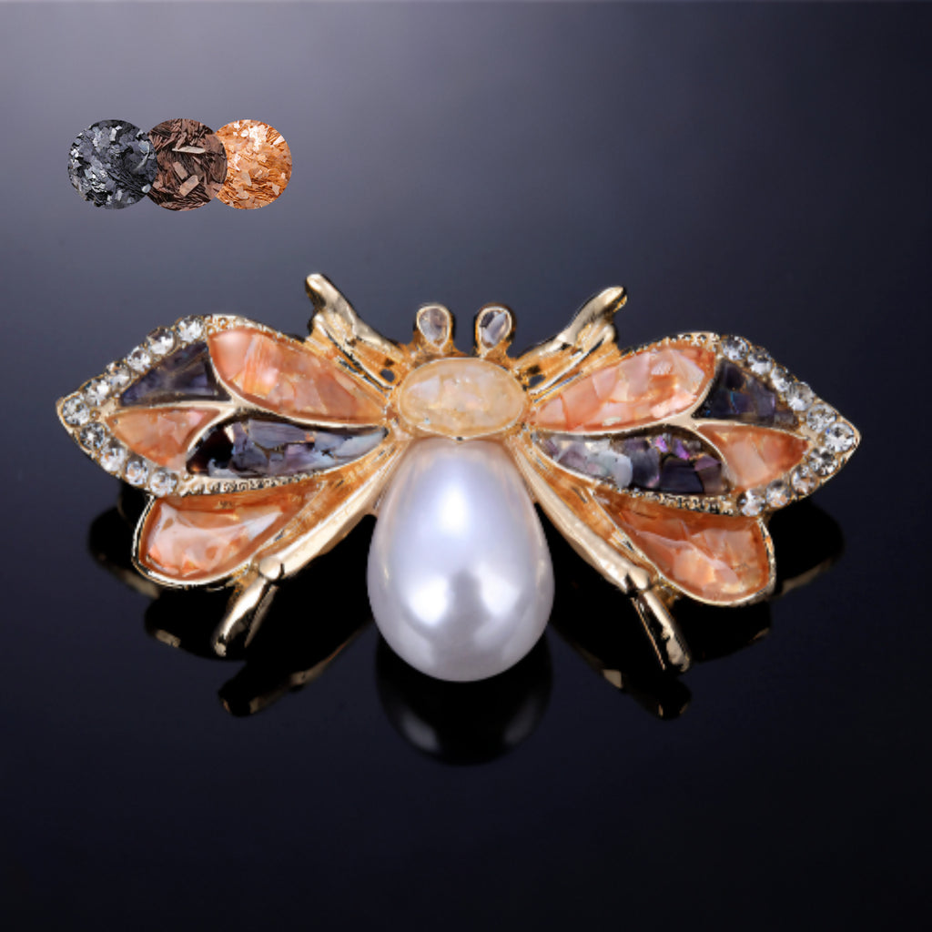 Handmade mother of pearl bee brooch ,nacre shell brooch with pearl center and crystal-trimmed wings  