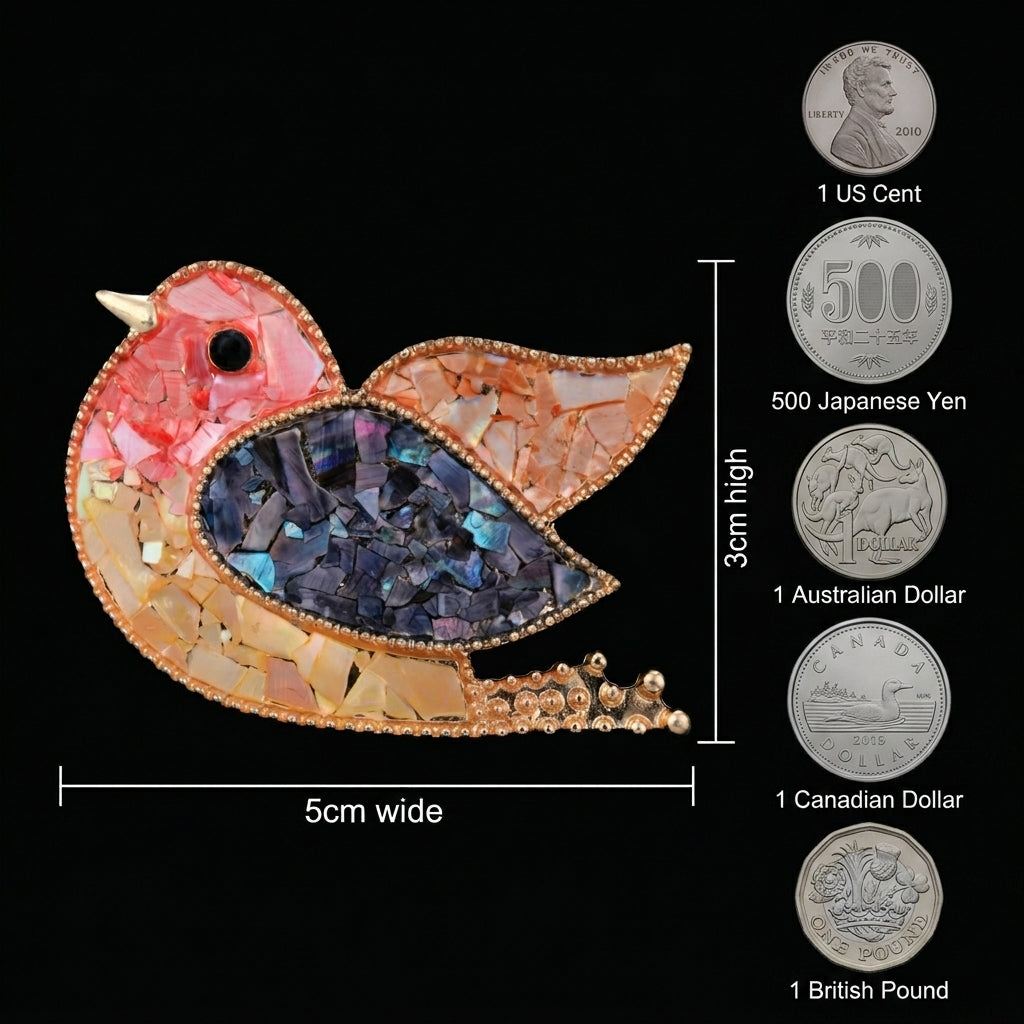Mother of Pearl Inlay Brooch | Iridescent Flying Bird Design | Handcrafted Shell Mosaic Pin