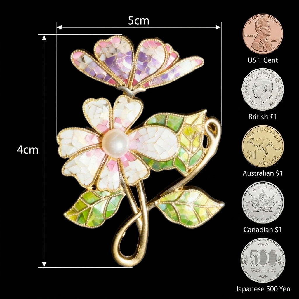 Mother of Pearl Flower Brooch | Gradient Shell Inlay | Handcrafted Enamel & Pearl Centerpiece