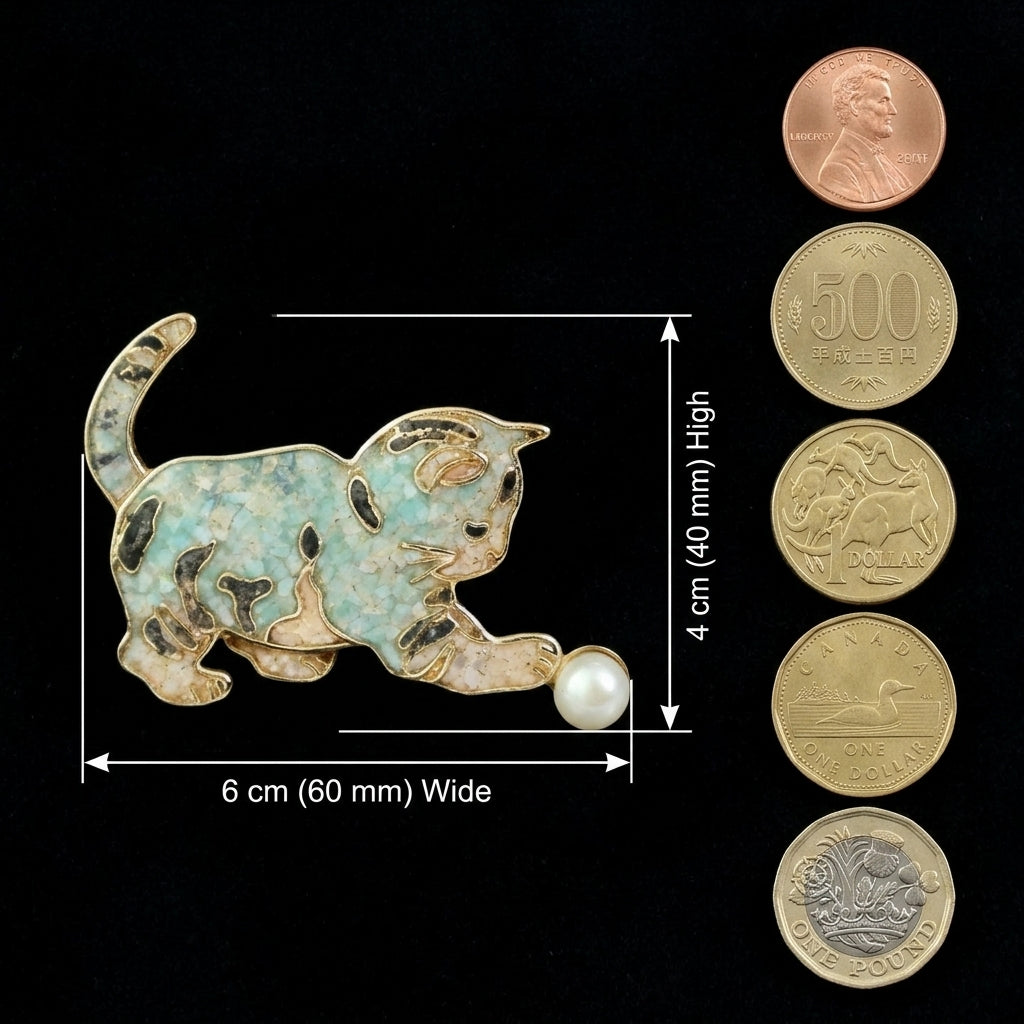 Charming Playing Kitten Brooch in Mother of Pearl & Nacre | Handcrafted Iridescent Unique Animal Brooch