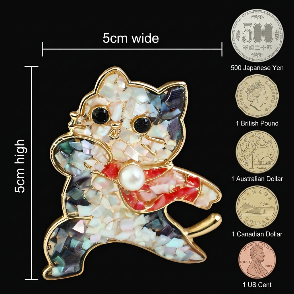 Mother of Pearl Dancing Cat Brooch | Iridescent Shell Mosaic | Handcrafted Inlay Jewelry