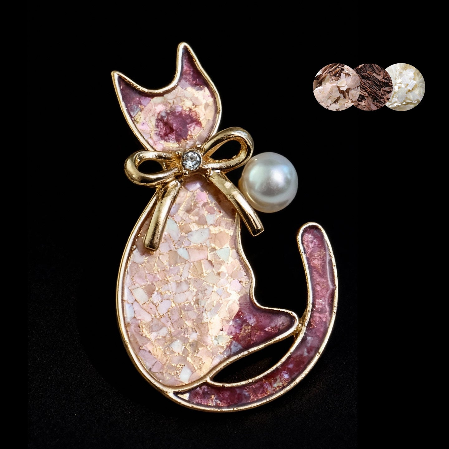 Cat-shaped mother of pearl, nacre shell brooch brooch with iridescent gradient and pearl detail