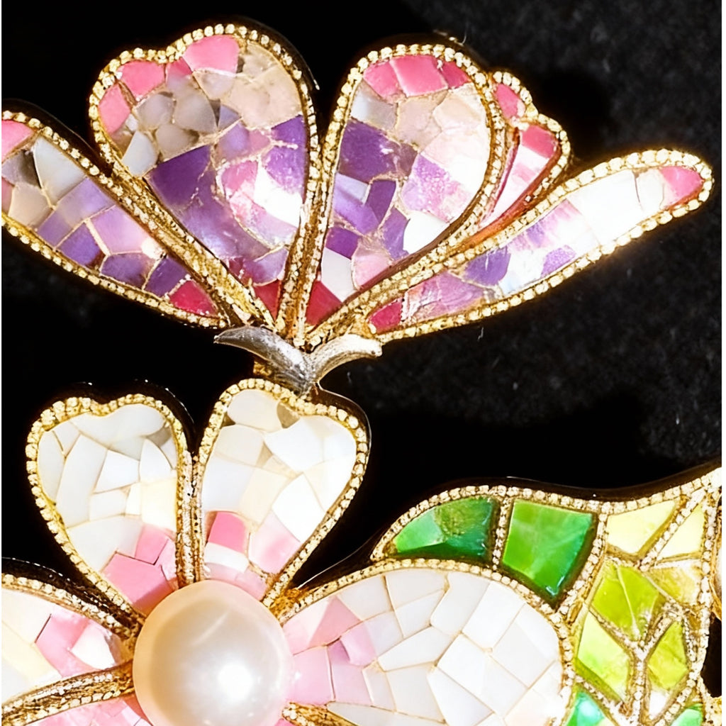 Mother of Pearl Flower Brooch | Gradient Shell Inlay | Handcrafted Enamel & Pearl Centerpiece