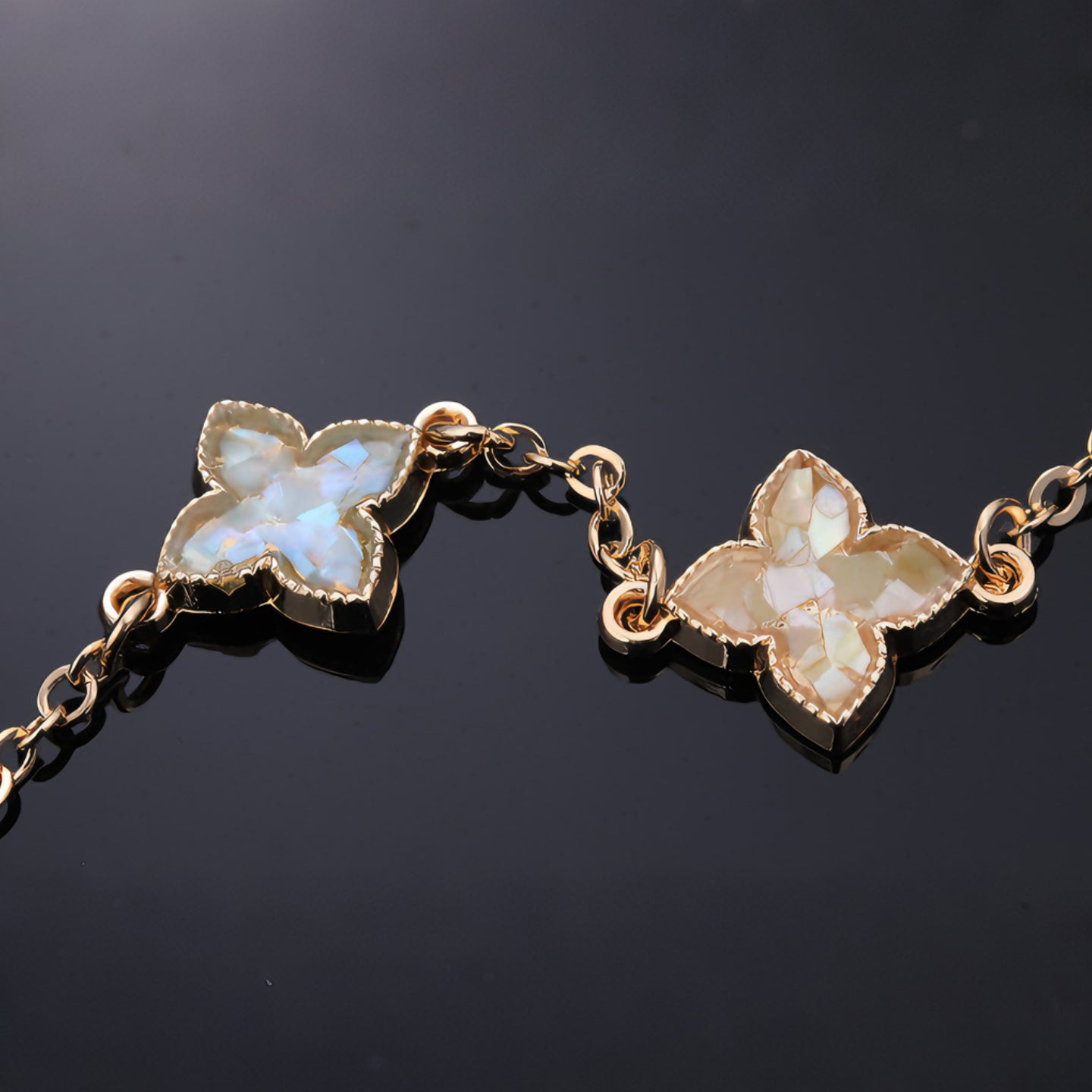 Woman Wearing Iridescent Mother of Pearl Bracelet on Wrist