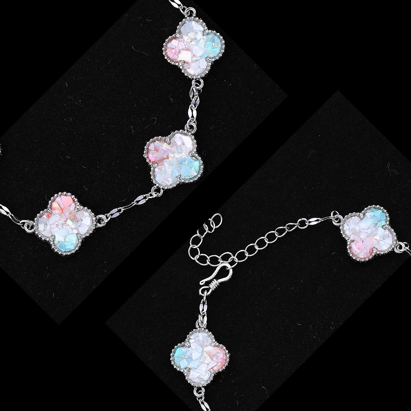 Close-up of clover charm’s iridescent mother of pearl inlay texture  