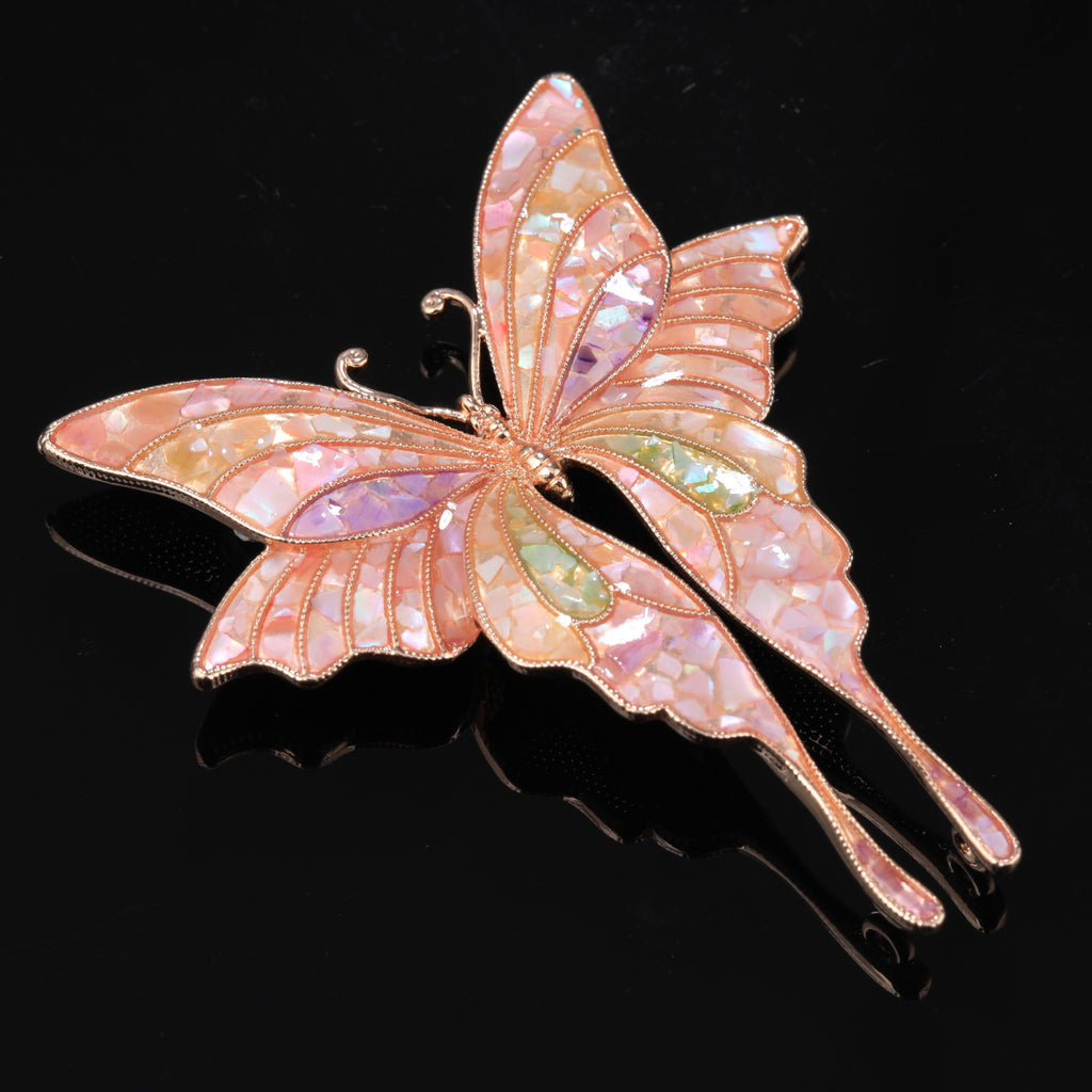  Close-up of mother of pearl,nacre shell brooch＆Butterfly brooch with pink wings