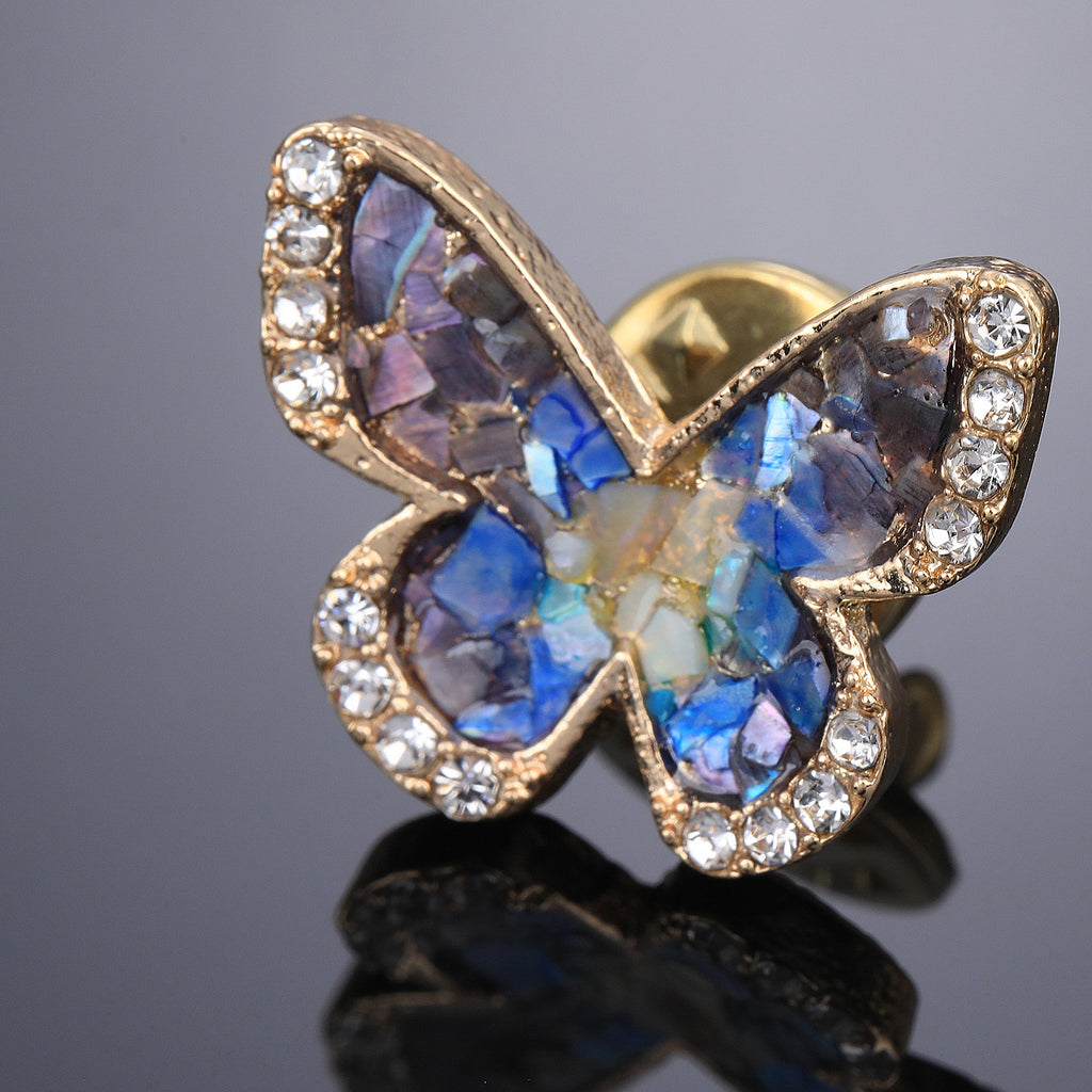 Close-up of mother of pearl,nacre shell brooch＆Butterfly brooch with gold-blue wings  