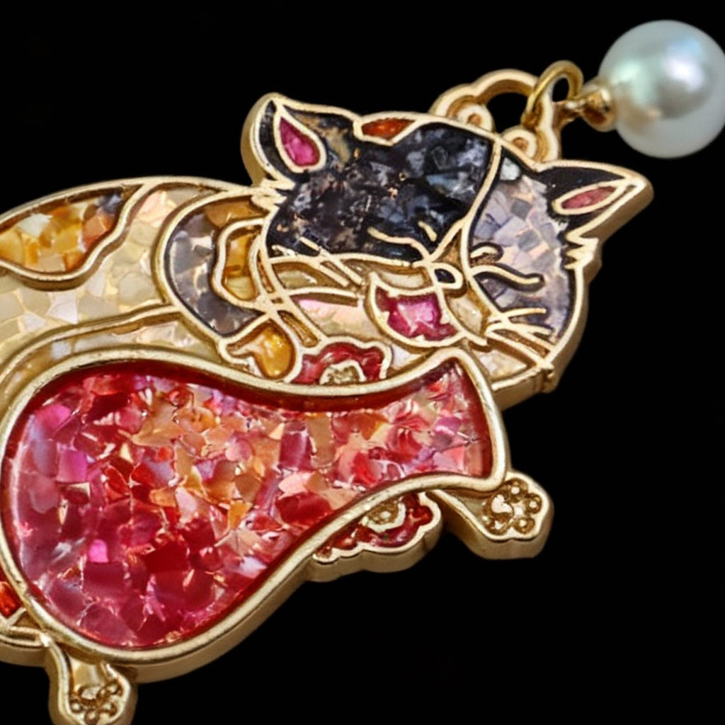 Close-Up of Sleeping Cat Brooch, nacre shell brooch