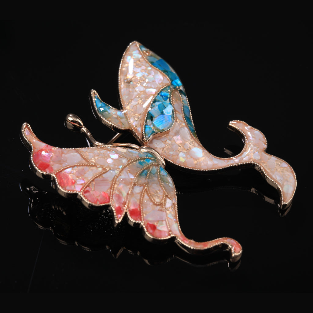 mother of pearl,nacre shell brooch＆Butterfly brooch with pink-blue wings on black