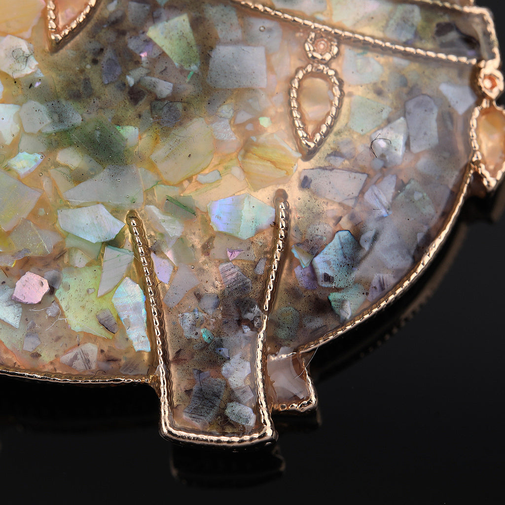 Close up of mother of pearl,nacre shell brooch＆Lucky Horse brooch