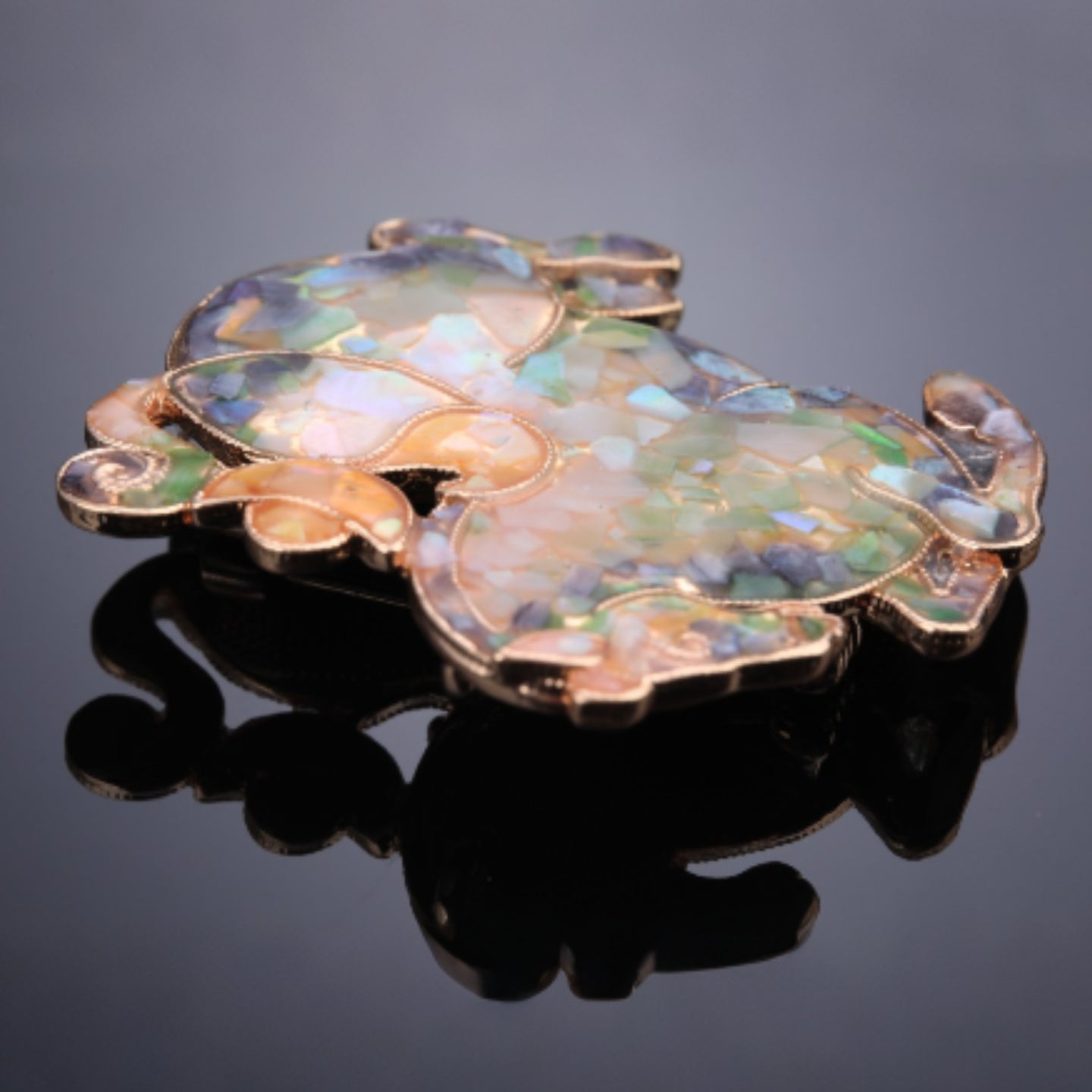 Close-up of mother of pearl,nacre shell brooch＆Lucky Horse brooch