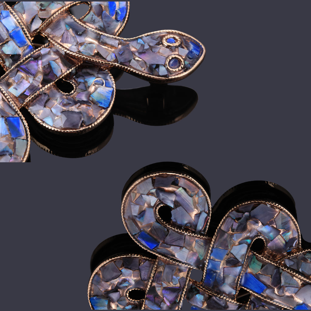 Snake brooch pinned to mother of pearl,nacre shell brooch＆Double Snake Celtic Knot brooch with blue-purple tone