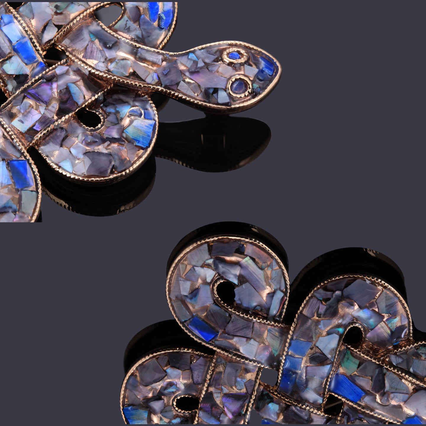 Snake brooch pinned to mother of pearl,nacre shell brooch＆Double Snake Celtic Knot brooch with blue-purple tone