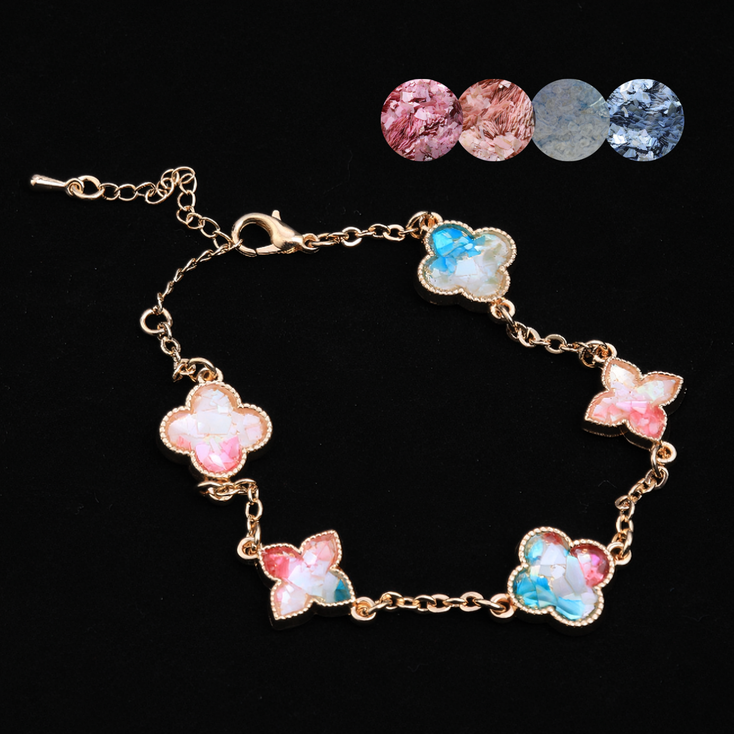 Handcrafted mother of pearl clover bracelet with gradient shell inlays on gold chain